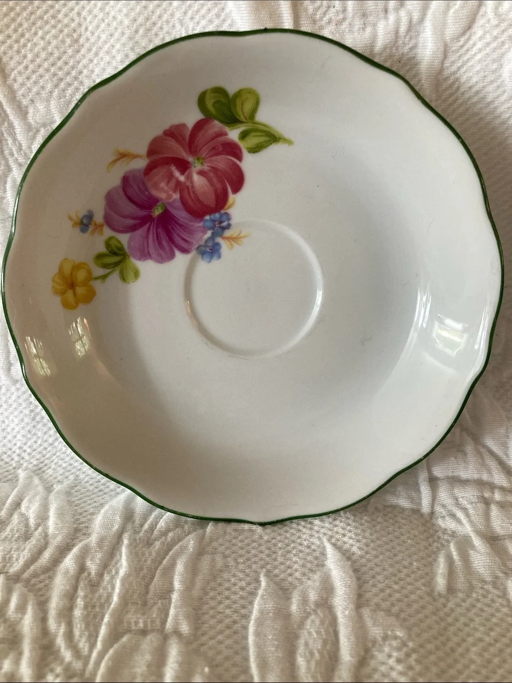 Porcelain Teacup and Saucer Set in White with Pink and Green Floral Trim
